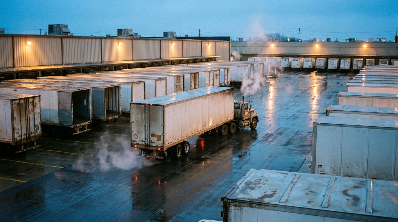 A freight terminal yard at dusk, with dry van trailers backed into loading docks and a tractor pulling one out.