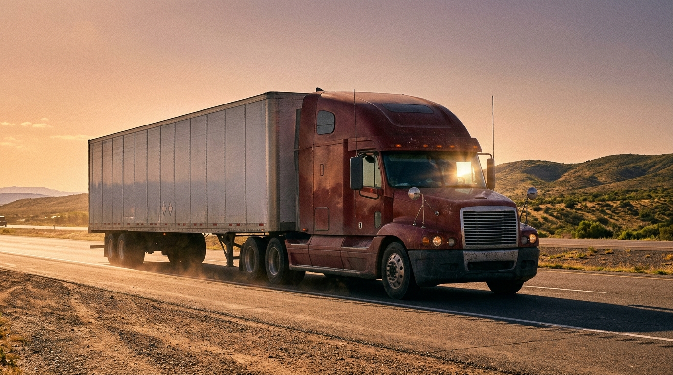 A long-haul semi truck with a dry van trailer travelling on an open interstate at sunset.