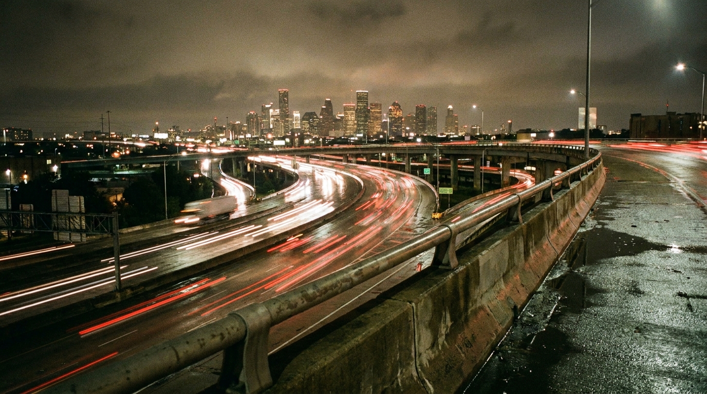 An elevated night view of a city interstate interchange, with light trails from moving traffic.