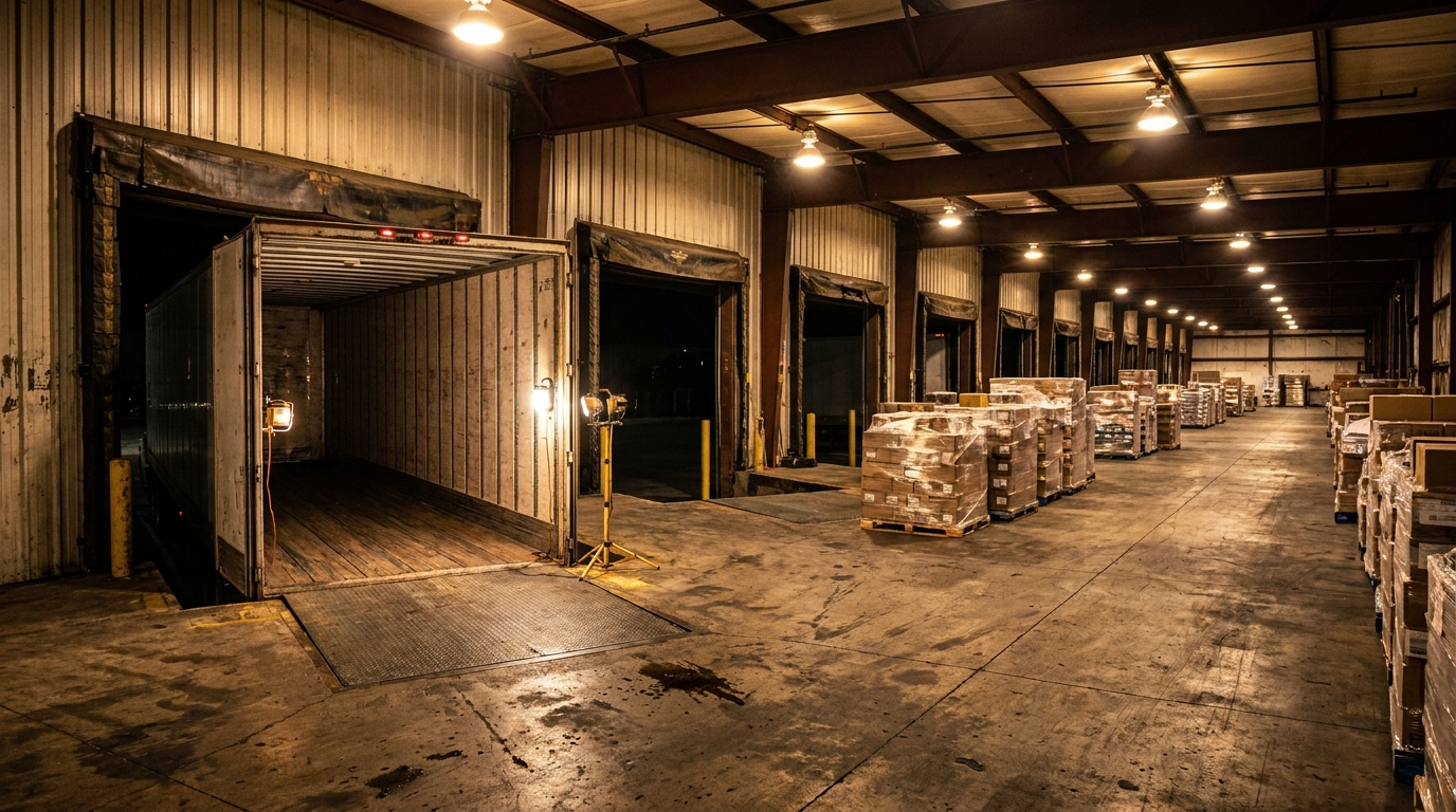 The inside of a freight cross-dock at night, with an open trailer at a bay and wrapped pallets staged on the floor.